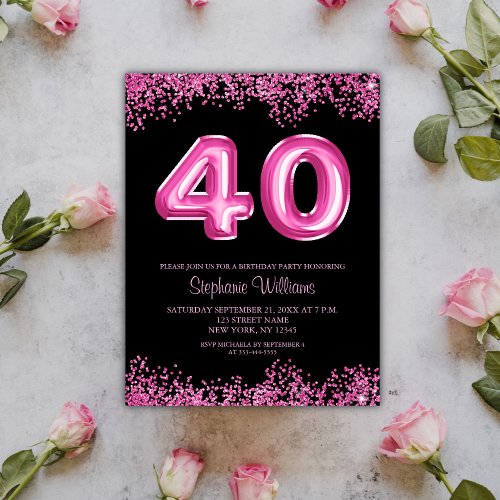 40th Birthday Black Pink Balloons Glitter Party Postcard