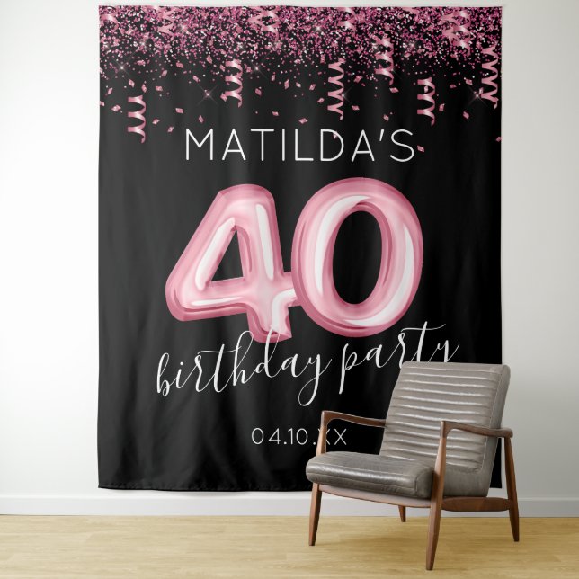 40th Birthday Black Pink Photo Backdrop (In Situ)