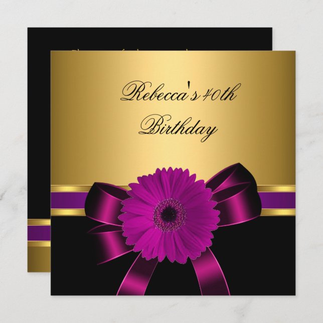 40th Birthday Black Plum Pink Purple Flower Gold Invitation (Front/Back)