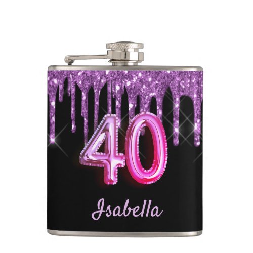 40th birthday black purple glitter name flask