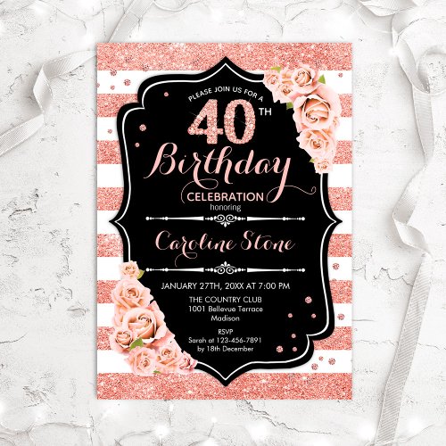 40th Birthday Black Rose Gold and White Stripes Invitation