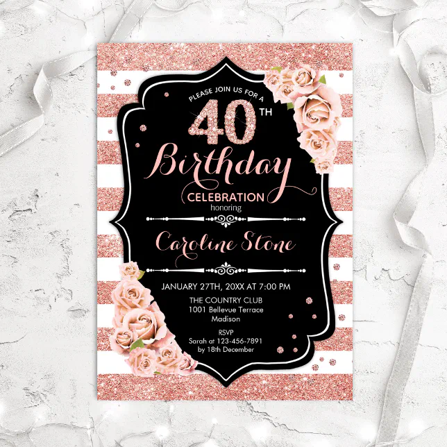 40th Birthday Black Rose Gold and White Stripes Invitation | Zazzle