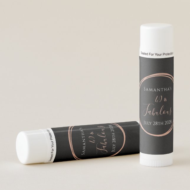 40th Birthday Black Rose Gold Birthday Party Favor Lip Balm (Front)