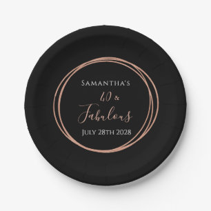 40th Birthday Black Rose Gold Birthday Party Paper Plates