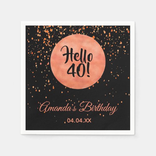40th birthday black rose gold hello 40 name napkins