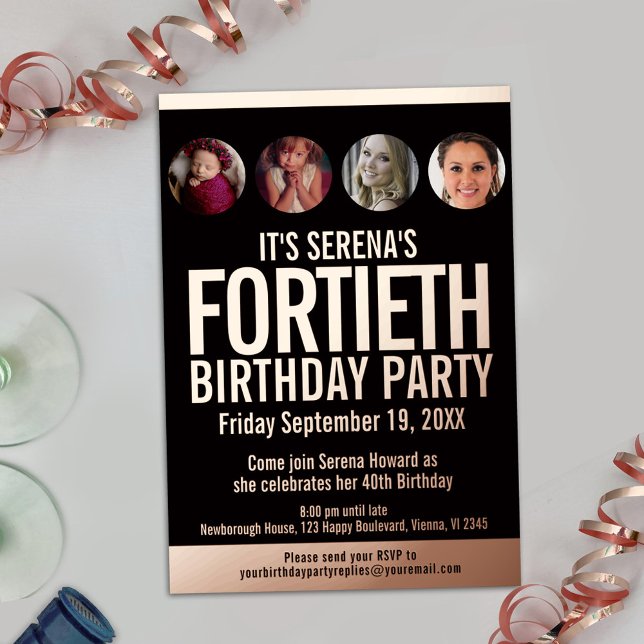 40th Birthday black rose gold photo circles Foil Invitation (Creator Uploaded)