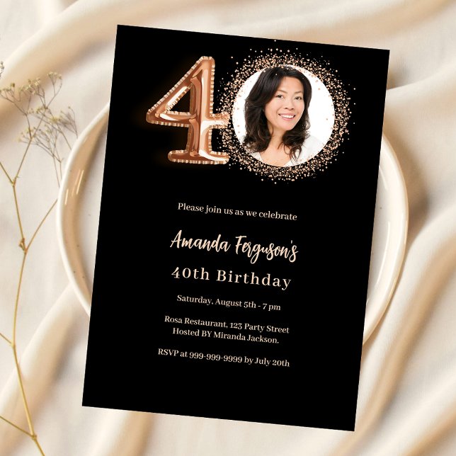 40th birthday black rose gold photo invitation (Creator Uploaded)