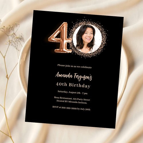 40th birthday black rose gold photo invitation