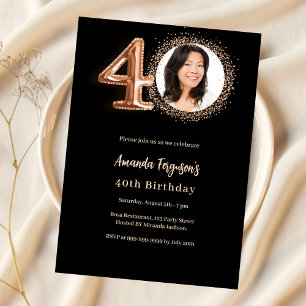 40th birthday black rose gold photo luxury invitation