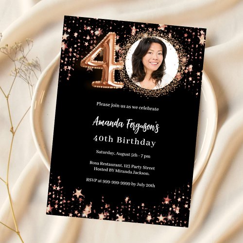 40th Birthday black rose gold photo stars Invitation