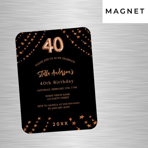 40th birthday black rose gold stars invitation magnet