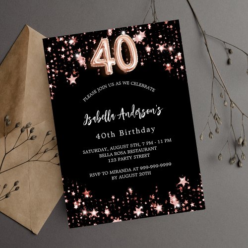 40th birthday black rose gold stars invitation postcard