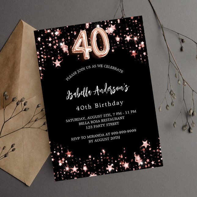 40th birthday black rose gold stars luxury invitation (Creator Uploaded)