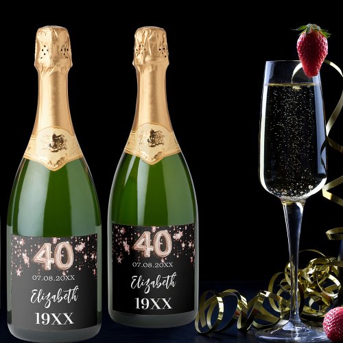 40th Birthday black rose gold stars Sparkling Wine Label
