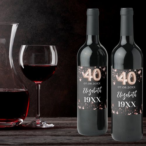 40th Birthday black rose gold stars Wine Label