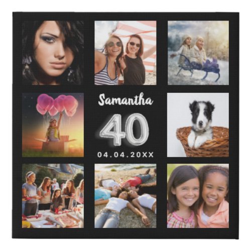 40th birthday black silver custom photo collage faux canvas print