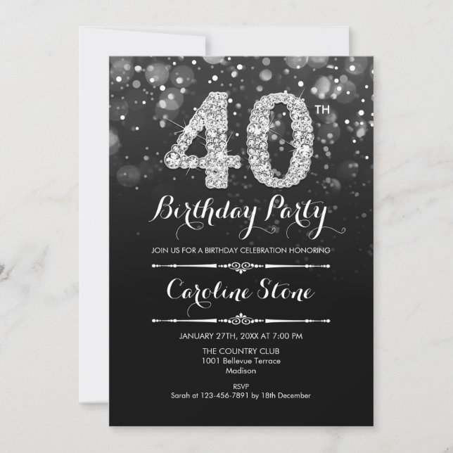 40th Birthday - Black Silver Invitation (Front)