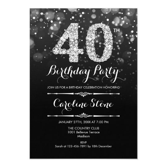 40th Birthday Black Silver Invitation