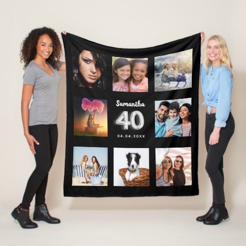 40th birthday black silver photo collage name fleece blanket