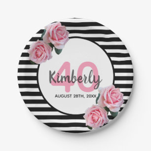 40th birthday black stripes pink florals classic paper plates