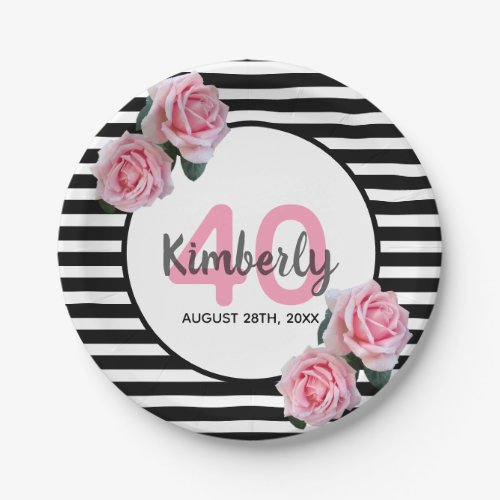 40th birthday black stripes pink florals classic paper plates