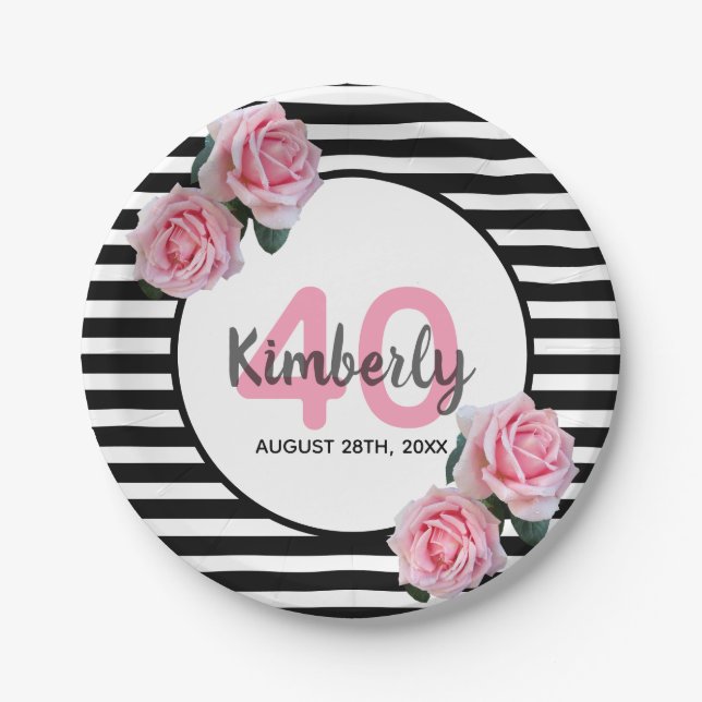 40th birthday black stripes pink florals classic paper plates (Front)