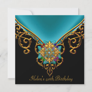 40th Birthday Black Teal Blue gold jewel Invitation