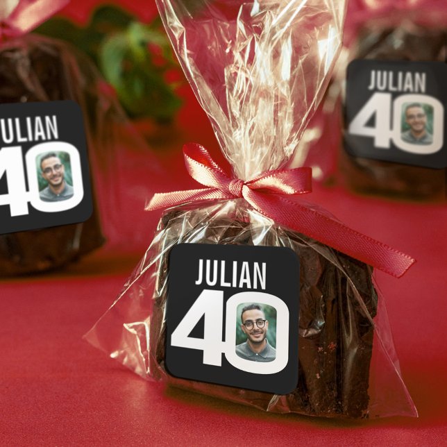 40th birthday black white custom photo name favor square sticker (Creator Uploaded)