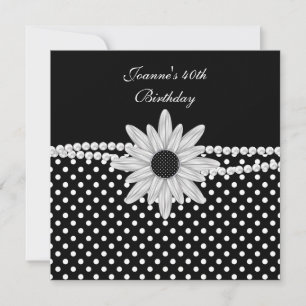 40th Birthday Black White Pearl Flower Spot Invitation