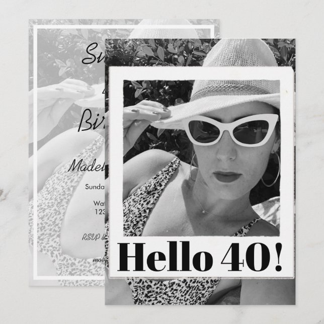 40th Birthday Black White  Photo Frame Modern Chic Invitation (Front/Back)