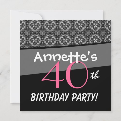 40th Birthday Black White Pink Ornate Diamonds G50 Announcements