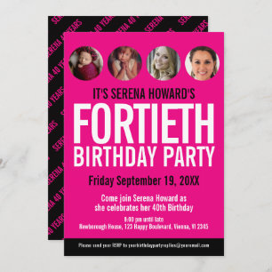 40th Birthday black white pink photo circles Invitation