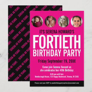 40th Birthday black white pink photo circles Invitation