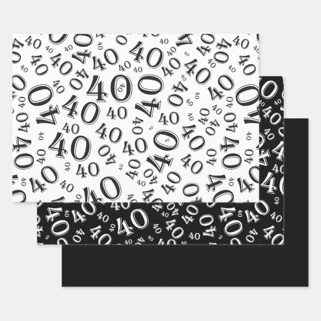 40th Birthday Black/White Random Number Pattern 40 Wrapping Paper Sheets (Set)