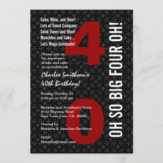 40th Birthday Black White Red BIG FOUR OH! Invitation