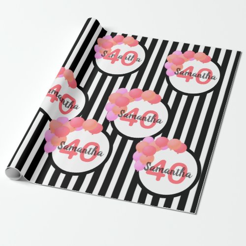 40th birthday black white stripes balloons pink wrapping paper