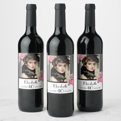 40th birthday black white stripes floral photo wine label