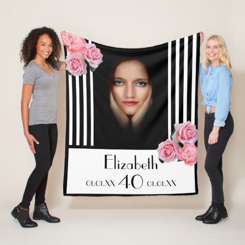 40th birthday black white stripes florals photo fleece blanket