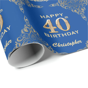 40th Birthday Blue and Gold Glitter Frame Wrapping Paper
