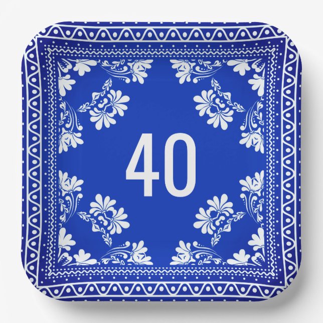 40th Birthday Blue Bandana   Paper Plates (Front)