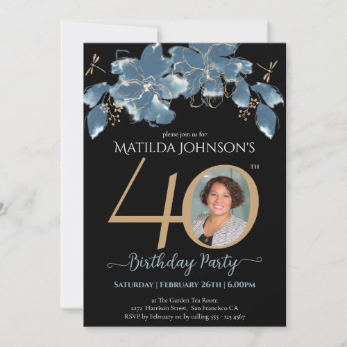 40th Birthday Blue Floral Gold Black Custom Photo  Invitation