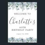 40th Birthday Blue Floral Printable Welcome Sign<br><div class="desc">Welcome your guests with this elegant sign. Pretty dusty blue roses,  peonies and wildflowers decorate the top and border. A classic and easy-to-read font combination takes only minutes to personalize.</div>