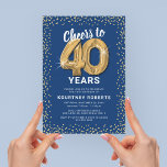 40th Birthday Blue Gold Invitation<br><div class="desc">Elegant fortieth birthday party invitation featuring a trendy blue background that can be changed to any color,  gold sparkly glitter,  forty gold hellium balloons,  and a modern 40th birthday celebration text template that is easy to personalize.</div>