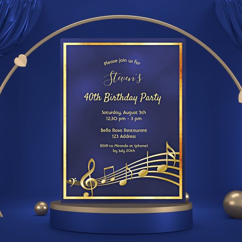 40th birthday blue gold music notes invitation