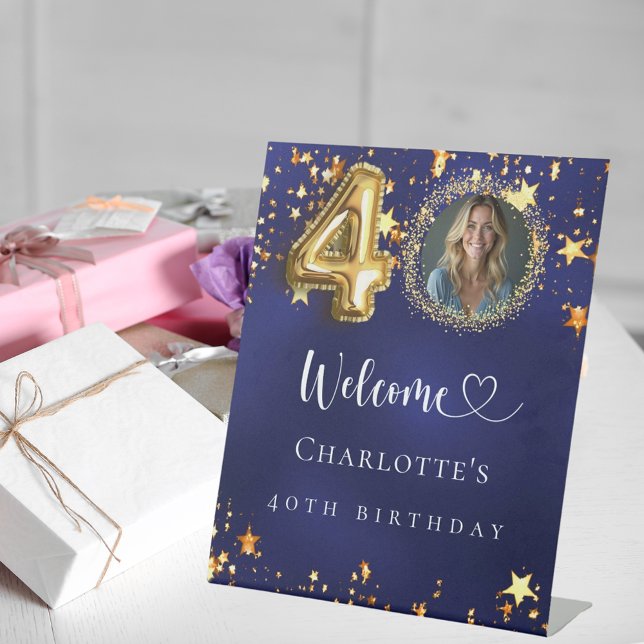 40th Birthday blue gold stars photo welcome Pedestal Sign (Creator Uploaded)