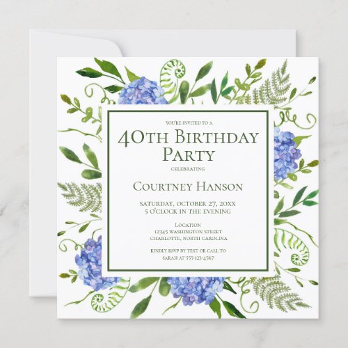 40th Birthday Blue Hydrangeas Floral Watercolor Invitation