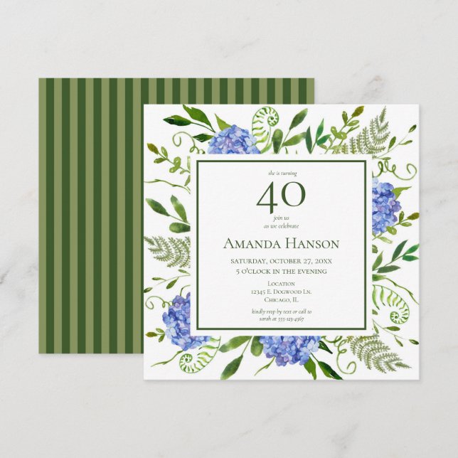 40th Birthday Blue Hydrangeas Invitation (Front/Back)