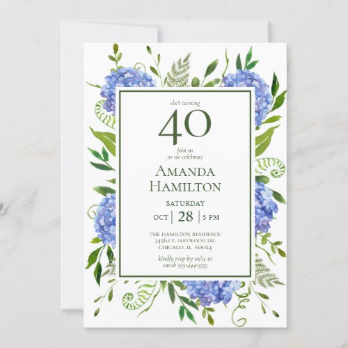 40th Birthday Blue Hydrangeas Invitation