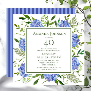 40th Birthday Blue Hydrangeas Invitation