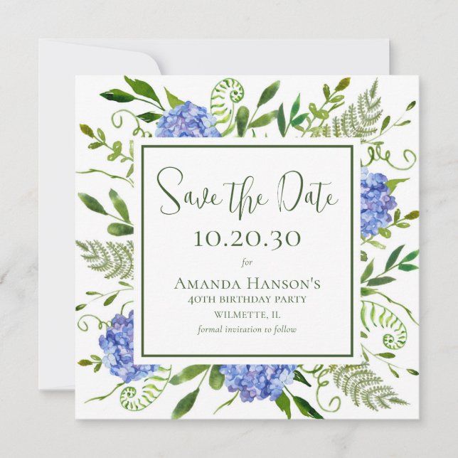 40th Birthday Blue Hydrangeas  Save The Date (Front)